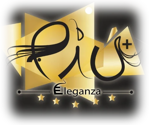 Logotipo de Più Eleganza: «Più+» en caligrafía negra sobre formas doradas y cinco estrellas